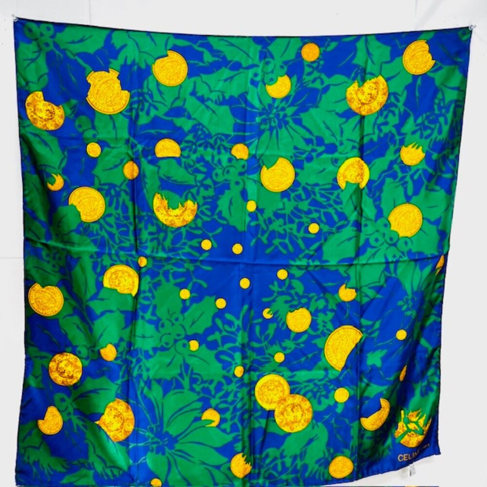 Vgt  Celine Paris 100% Silk Scarf Satin 34"  Green Blue Purple Floral Gold   (38 - Picture 11 of 16